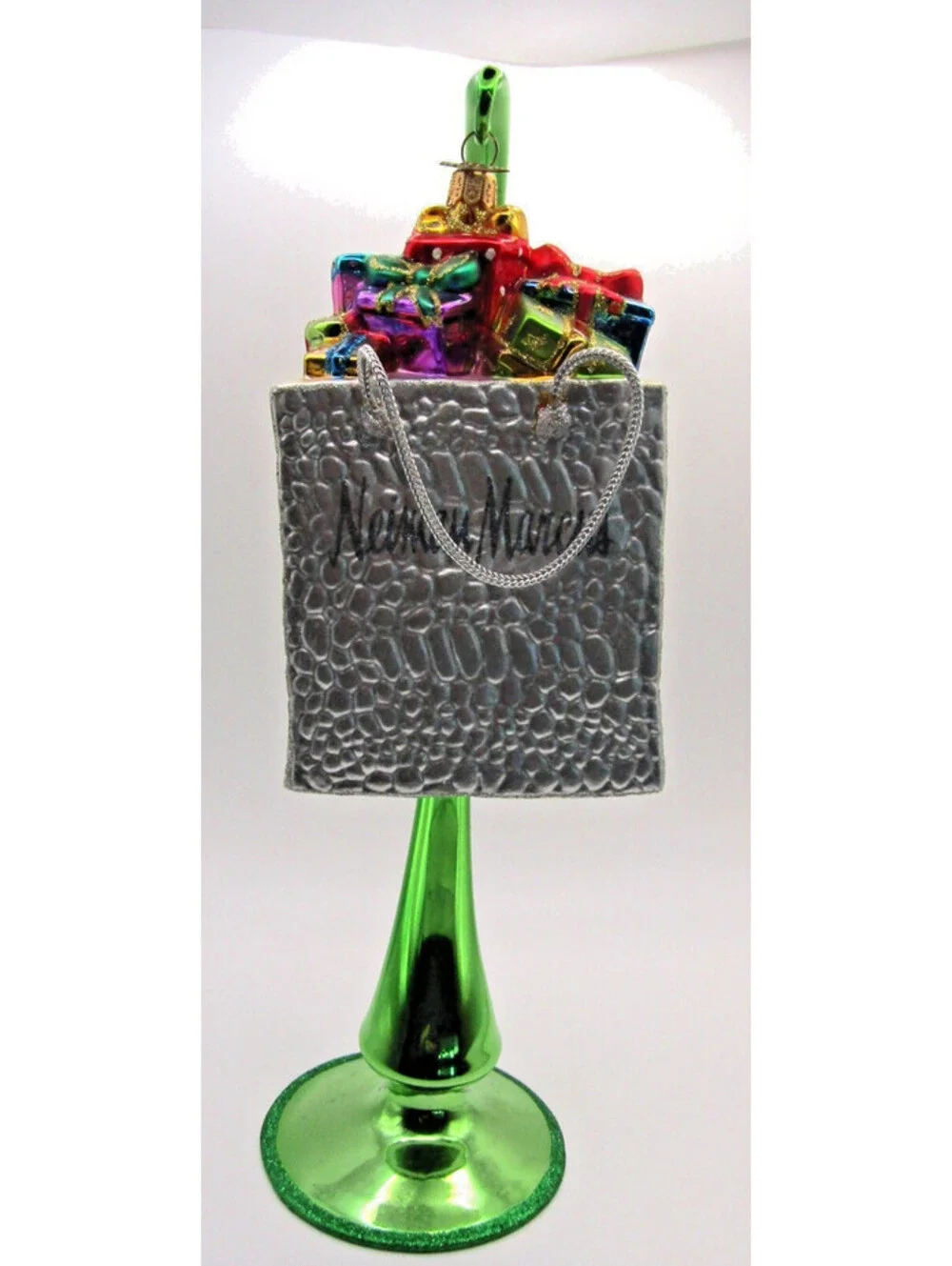 Neiman Marcus 2012 Mercury Glass Shopping Bag Ornament with Green Glass Stand